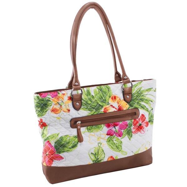 Shop Parinda Allie White Floral Quilted Fabric with Croco Faux Leather Travel Tote Bag - On Sale ...