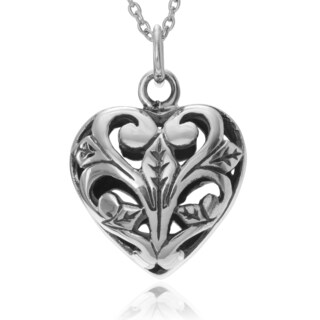 Sterling Silver Diamond-cut Filigree Puffed Heart Necklace - 13129604 ...