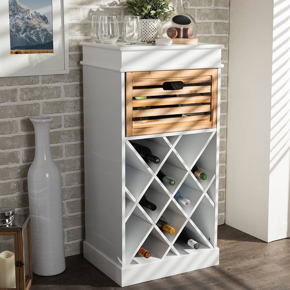 Baxton Stuido Dresdon British Colonial Classical Country-style White and Natural 1-drawer Cabinet with Built-in Wine Rack