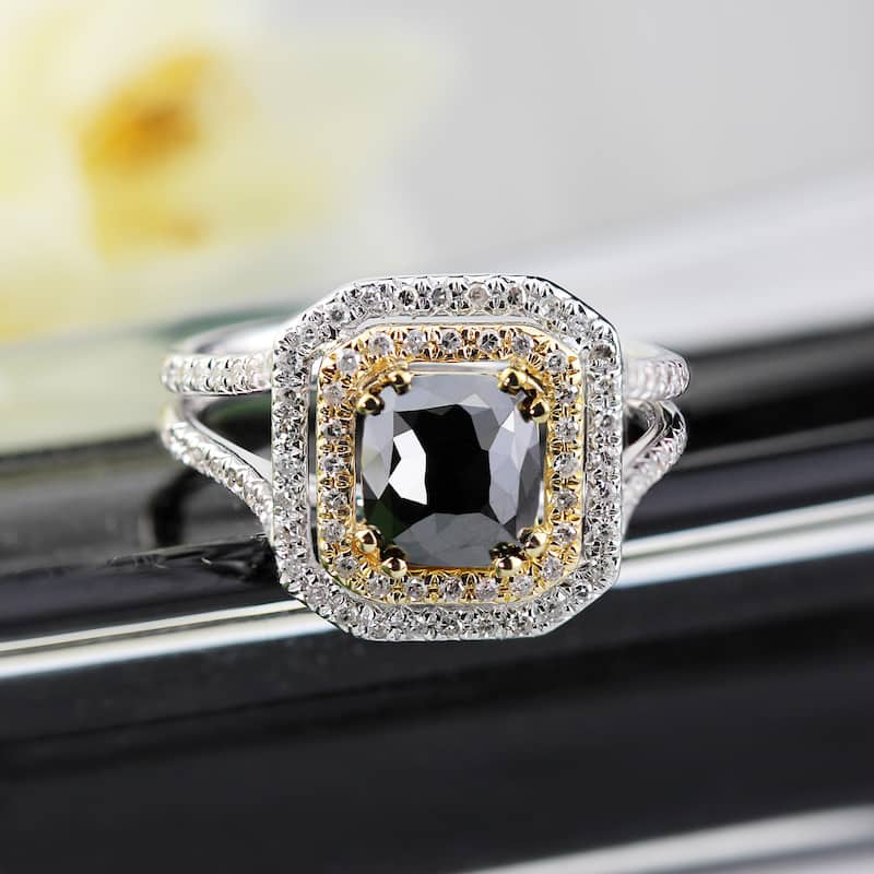 Auriya 1 3/4ctw Cushion Cut Halo Black Diamond Ring 14k Two-tone Gold