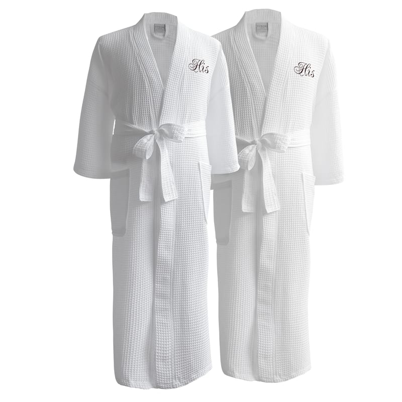 Conrad Egyptian Cotton His and His Waffle Spa Robe Set (Gift Packaging) - One-size, Black Monogram "His" & "His" Embroidery