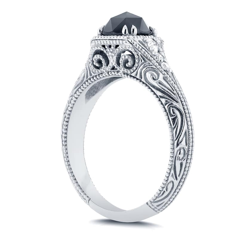 Annello by Kobelli 14k White Gold 1ct TDW Black and White Diamond Antique Filigree Engagement Ring