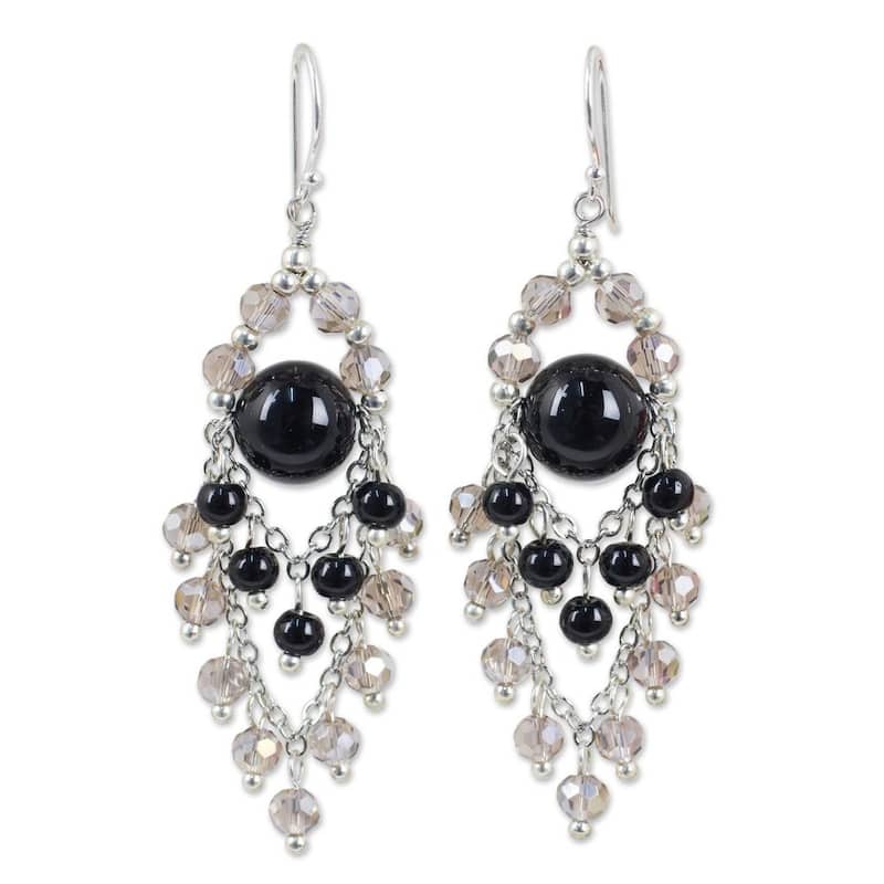 Handmade Sterling Silver 'Brilliant Meteor' Onyx Earrings (Thailand) - 2.6*0.8