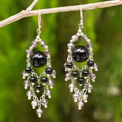 Handmade Sterling Silver 'Brilliant Meteor' Onyx Earrings (Thailand) - 2.6*0.8