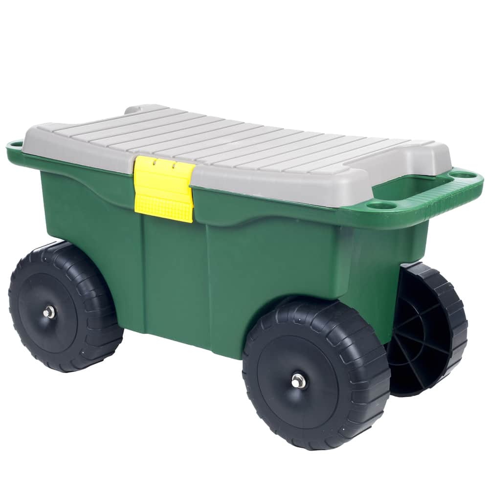Rolling Garden Cart with Seat - Plastic Storage with Bench and Interior Tool Tray by Pure Garden (Green)