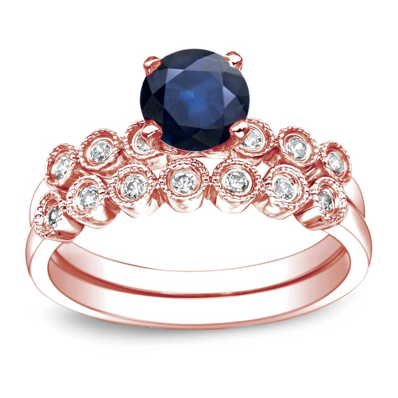 Auriya 14k Gold Vintage 4/5ct Blue Sapphire and 1/5ctw Diamond Engagement Ring Set