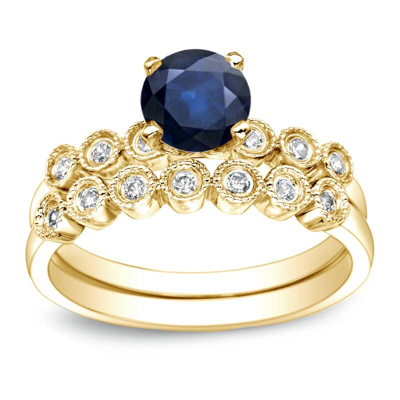 Auriya 14k Gold Vintage 4/5ct Blue Sapphire and 1/5ctw Diamond Engagement Ring Set