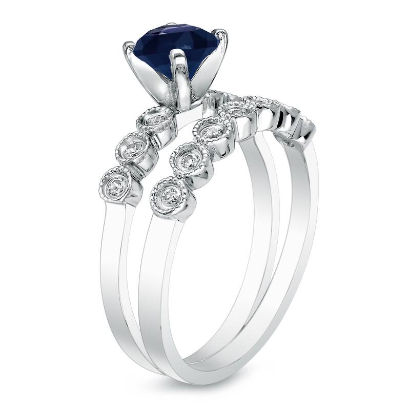 Auriya 14k Gold Vintage 4/5ct Blue Sapphire and 1/5ctw Diamond Engagement Ring Set