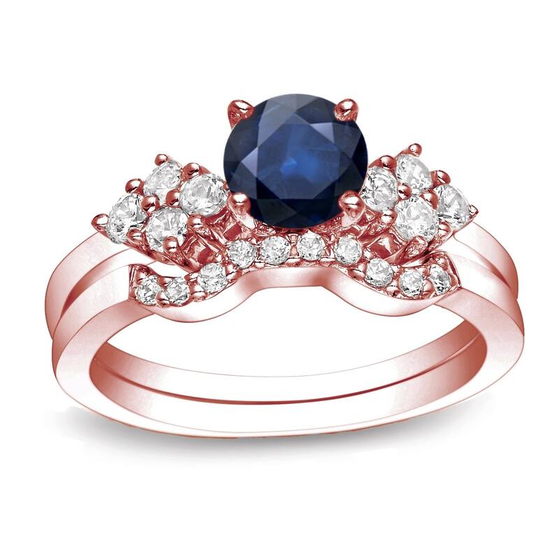 Auriya 14k Gold 3/5ct Round Blue Sapphire and 1/2ctw Diamond Engagement Ring Set - Rose - 4
