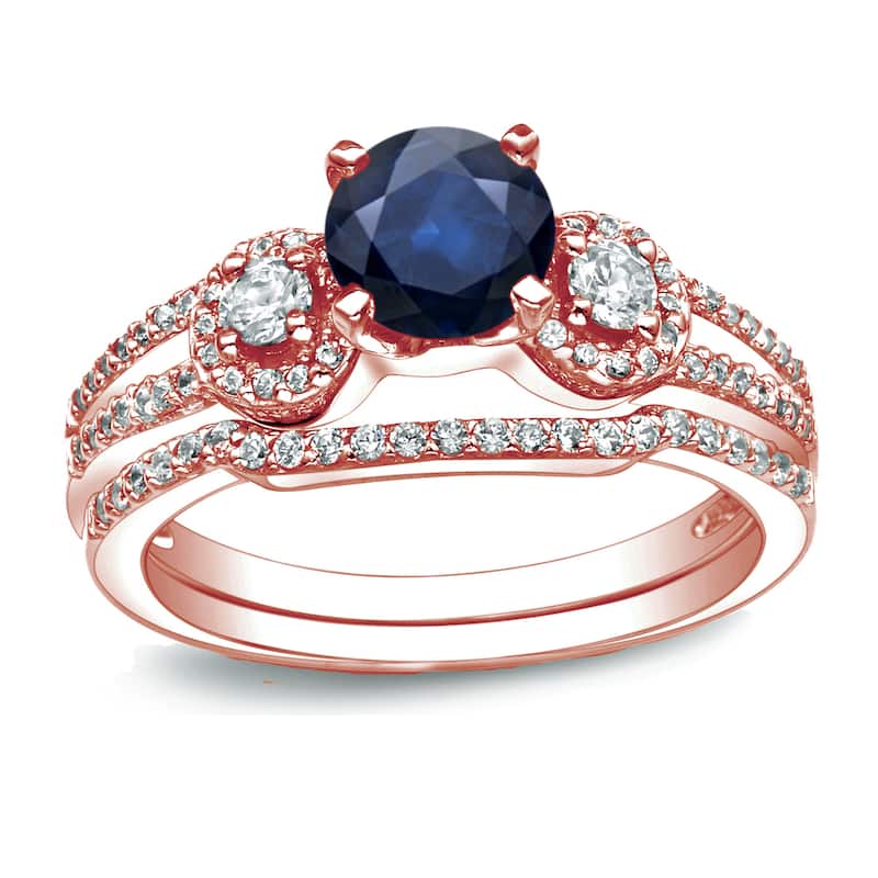 Auriya 14k Gold 1/2ct Round Blue Sapphire and 1/2ctw 3 Stone Diamond Engagement Ring Set