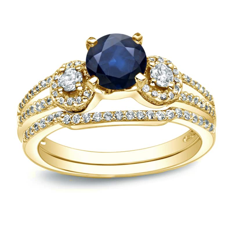 Auriya 14k Gold 1/2ct Round Blue Sapphire and 1/2ctw 3 Stone Diamond Engagement Ring Set