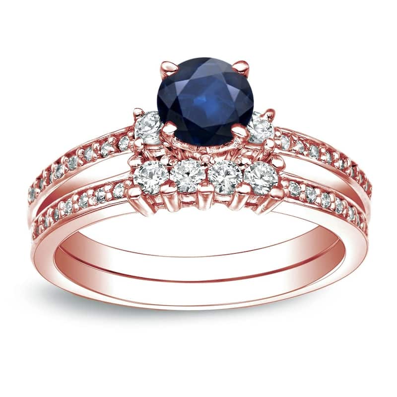 Auriya 14k Gold 1/2ct Round Blue Sapphire and 1/2ctw 3 Stone Diamond Engagement Ring Set - Rose - 9.5