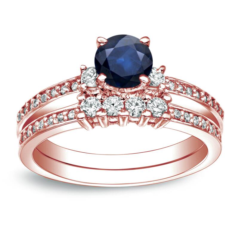 Auriya 14k Gold 1/2ct Round Blue Sapphire and 1/2ctw 3 Stone Diamond Engagement Ring Set - Rose - 4