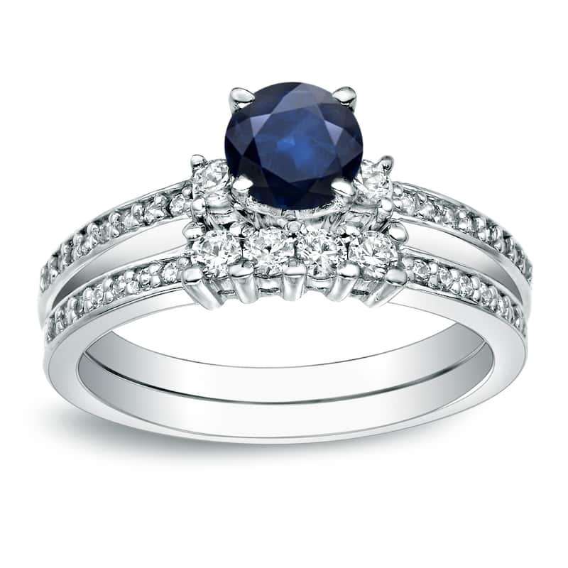 Auriya 14k Gold 1/2ct Round Blue Sapphire and 1/2ctw 3 Stone Diamond Engagement Ring Set - White - 4