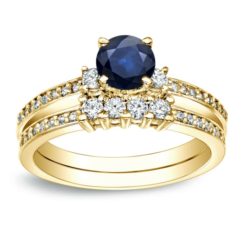 Auriya 14k Gold 1/2ct Round Blue Sapphire and 1/2ctw 3 Stone Diamond Engagement Ring Set - Yellow - 4
