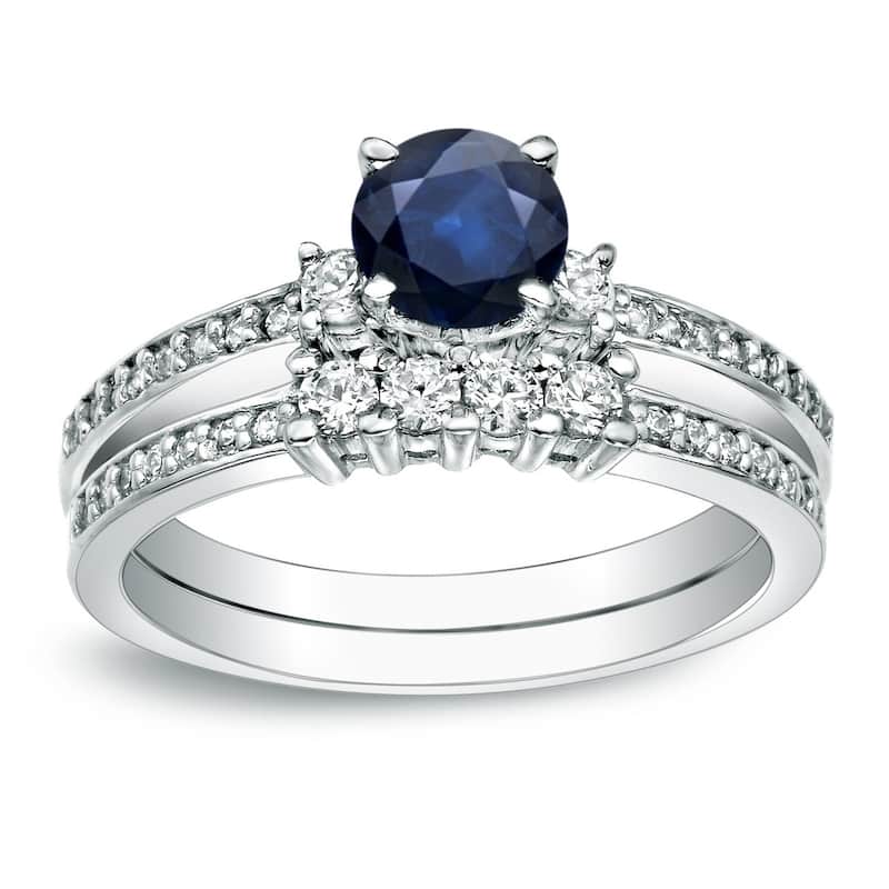 Auriya 14k Gold 1/2ct Round Blue Sapphire and 1/2ctw 3 Stone Diamond Engagement Ring Set - White - 9.5