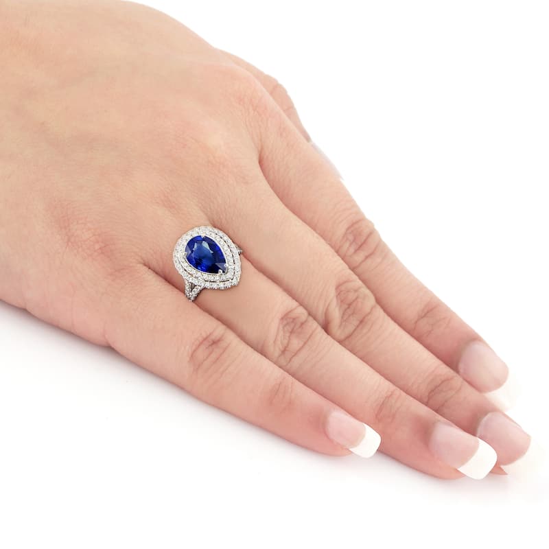 Auriya 18k Gold 3 carat Teardrop Pear-cut Sapphire Halo Diamond Engagement Ring 1cttw (D-E, SI1-SI2)