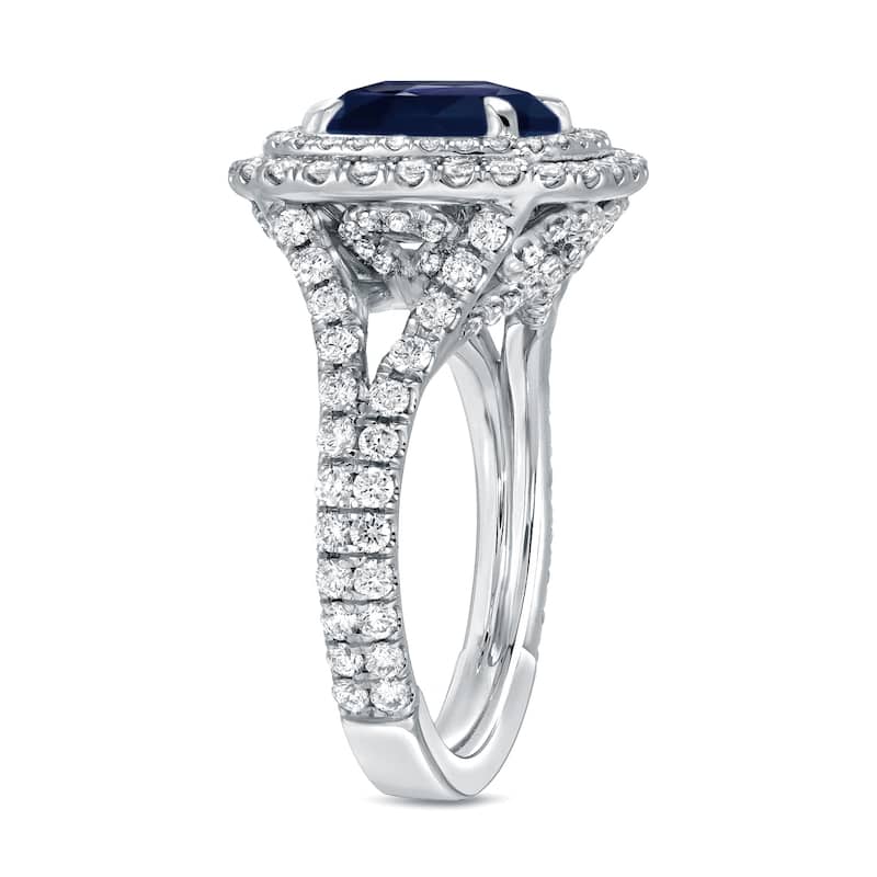 Auriya 3ct Cushion Cut Blue Sapphire and 1 1/5ctw Halo Diamond Engagement Ring 18K Gold