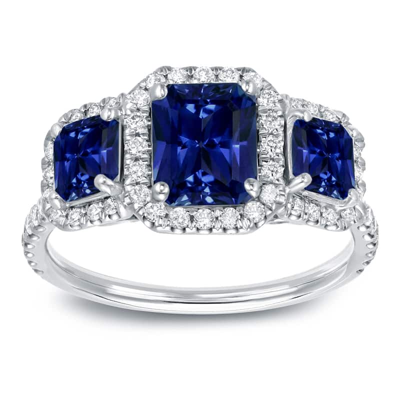 Auriya 14k Gold 1 3/4ct Radiant-cut Sapphire 3-Stone Diamond Engagement Ring 1/2cttw (J-K, SI1-SI2)