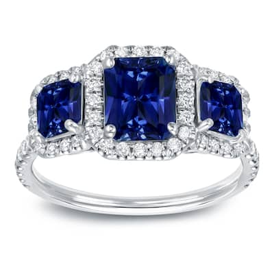 Auriya 14k Gold 1 3/4ct Radiant-cut Sapphire 3-Stone Diamond Engagement Ring 1/2cttw (J-K, SI1-SI2)
