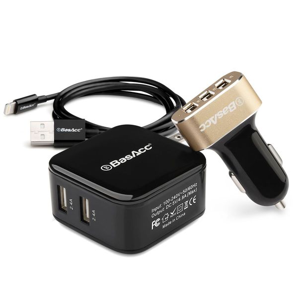 BasAcc MFI Lightning USB Cable/ 2-port 4.8A AC Wall/ 3-port 6.6A Car Charger for Apple iPhone 5/ 6/ 6S Plus/ SE, iPad Pro