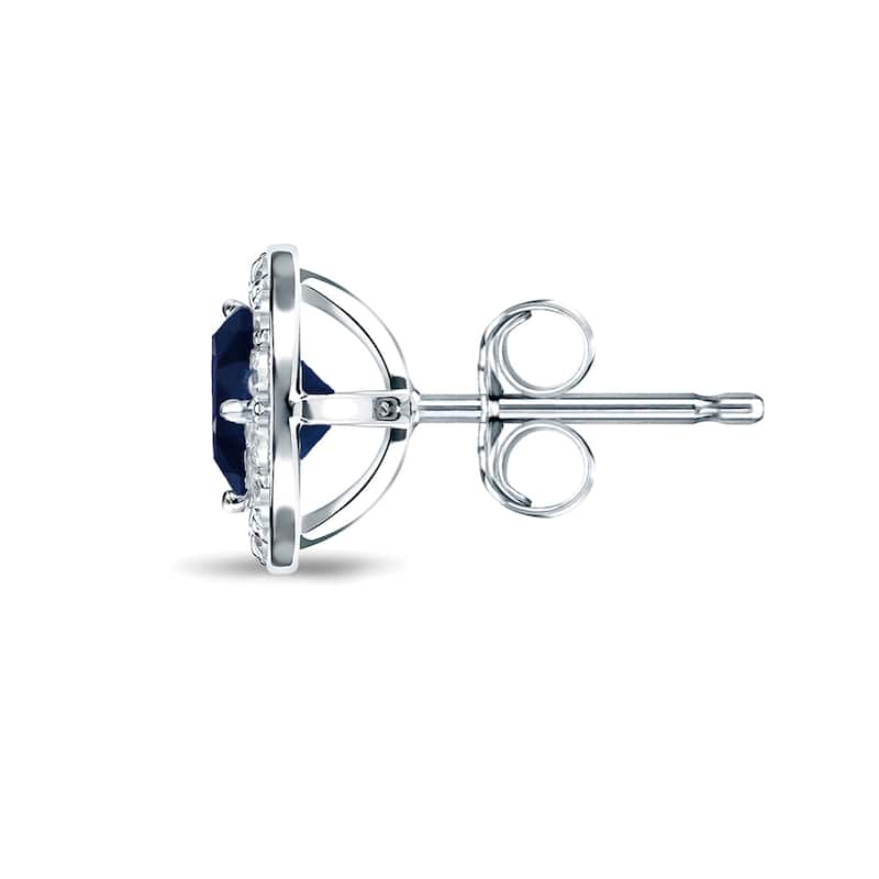 14k Gold Round 1ct Blue Sapphire and 1/2ct TDW Diamond Halo Stud Earrings by Auriya
