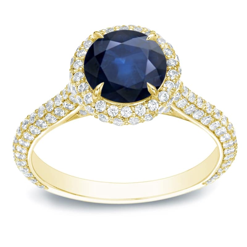 Auriya 14k Gold 3/4ct Blue Sapphire and Pave Halo Diamond Engagement Ring 1 1/4ctw - Yellow - 4