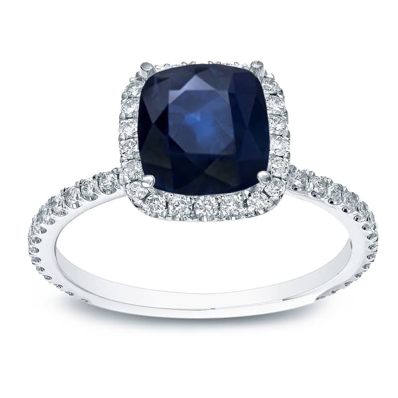 Auriya 14k Gold 1ct Cushion-cut Blue Sapphire Halo Diamond Engagement Ring 1/2ctw - White - 4