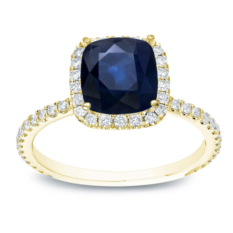 Auriya 14k Gold 1ct Cushion-cut Blue Sapphire Halo Diamond Engagement Ring 1/2ctw - Yellow - 4