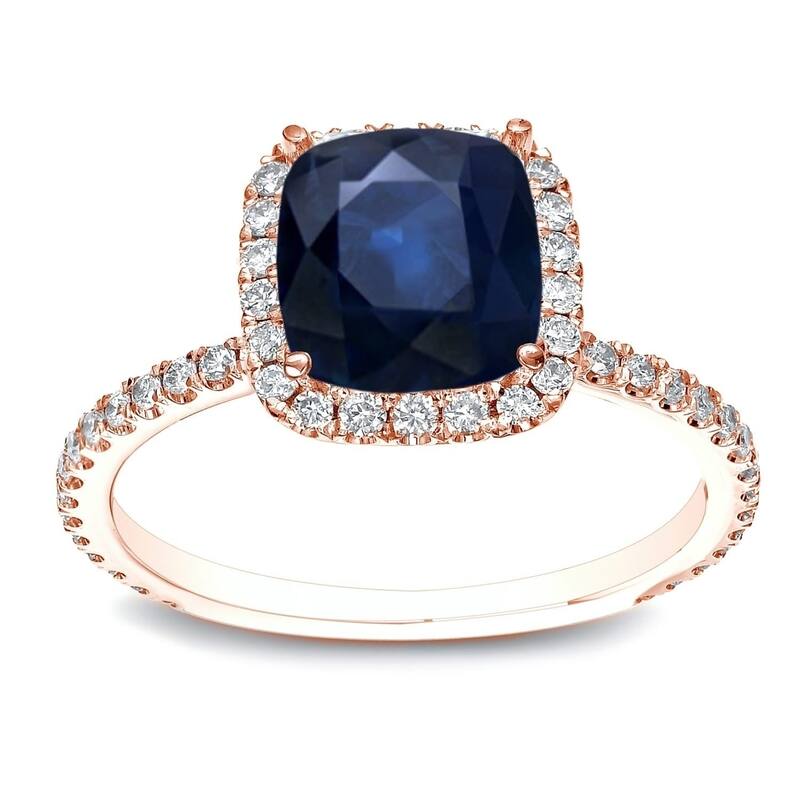Auriya 14k Gold 1ct Cushion-cut Blue Sapphire Halo Diamond Engagement Ring 1/2ctw - Rose - 4