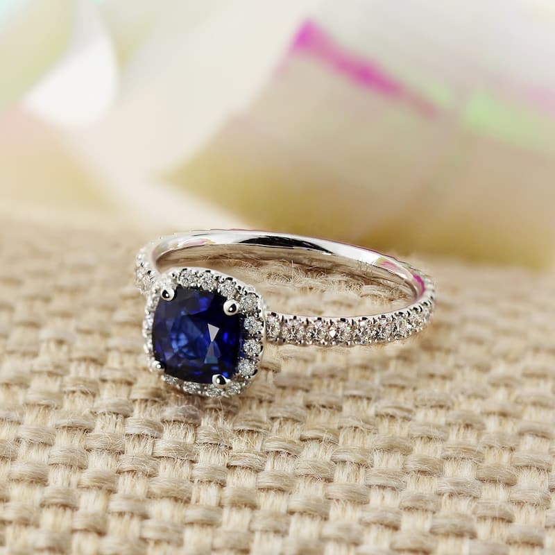 Auriya 14k Gold 1ct Cushion-cut Blue Sapphire Halo Diamond Engagement Ring 1/2ctw