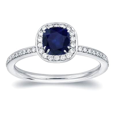 Auriya 14k Gold 3/4ct Cushion-cut Blue Sapphire Halo Diamond Engagement Ring 1/3ctw
