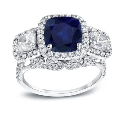 Auriya 3ct Blue Sapphire and 2ctw 3 Stone Halo Diamond Engagement Ring 18k White Gold