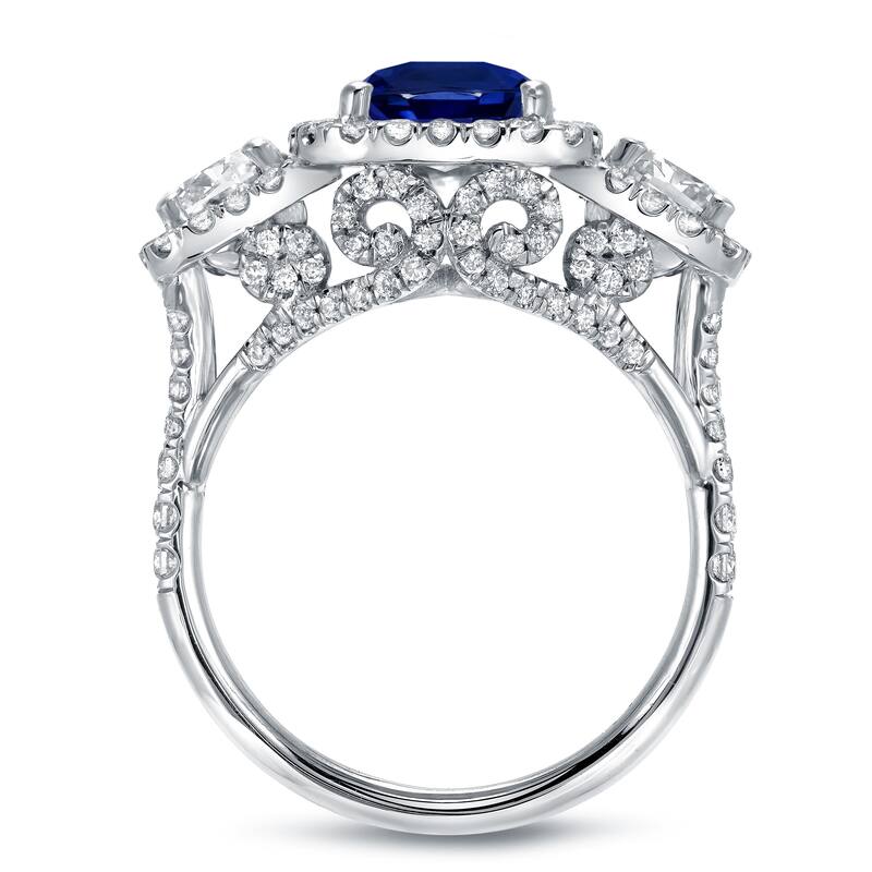 Auriya 3ct Blue Sapphire and 2ctw 3 Stone Halo Diamond Engagement Ring 18k White Gold