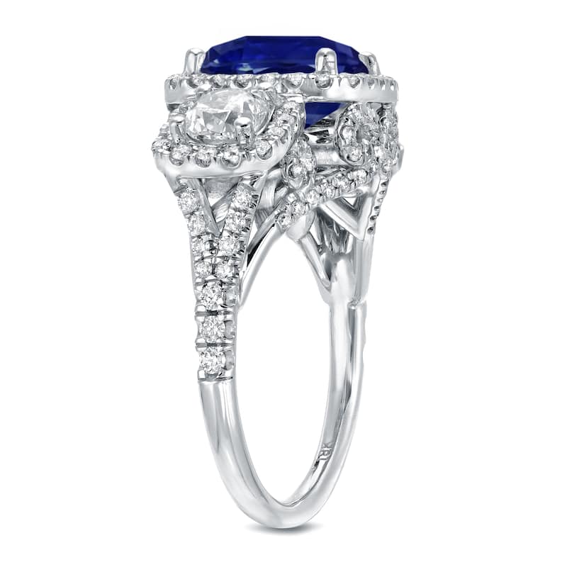 Auriya 3ct Blue Sapphire and 2ctw 3 Stone Halo Diamond Engagement Ring 18k White Gold