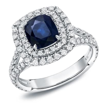 Auriya 18k Gold 1 1/2ct Cushion-cut Sapphire Halo Diamond Engagement Ring 1ctw (F-G, SI1-SI2)