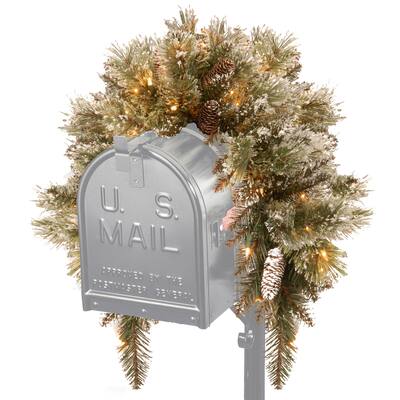 36" Glittery Bristle Pine Mailbox Swag with Battery Operated Warm White LED Lights