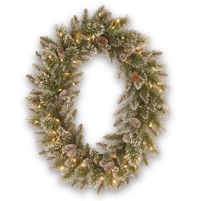 30" Glittery Bristle Pine Wreath with Battery Operated Warm White LED Lights