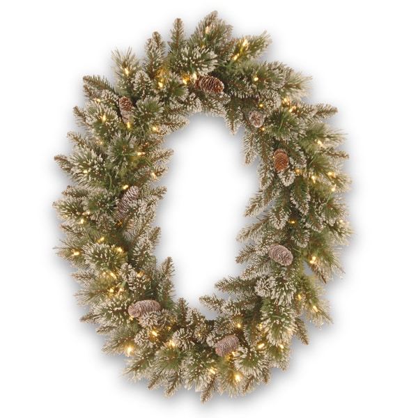 30" Glittery Bristle Pine Wreath with Battery Operated Warm White LED Lights
