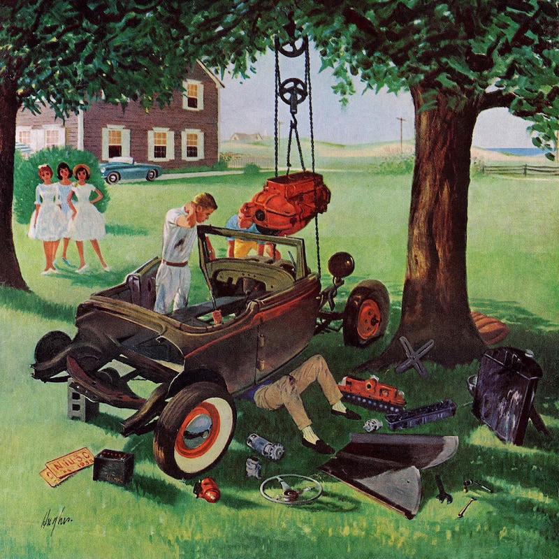 Marmont Hill - Working on the Jalopy by George Hughes Painting Print on Canvas - Multi-Color