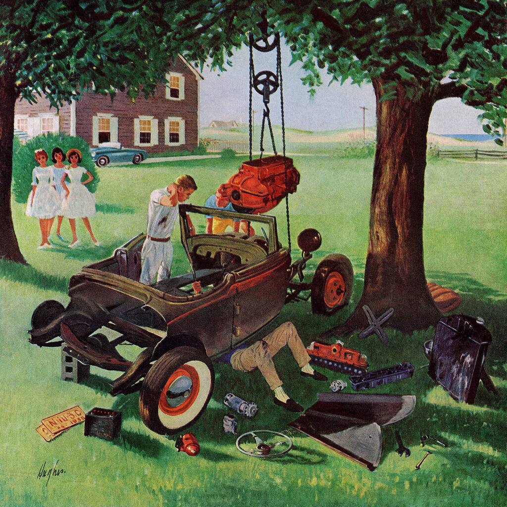 Marmont Hill - Working on the Jalopy by George Hughes Painting Print on Canvas - Multi-Color