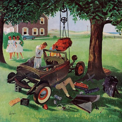 Marmont Hill - Working on the Jalopy by George Hughes Painting Print on Canvas - Multi-Color