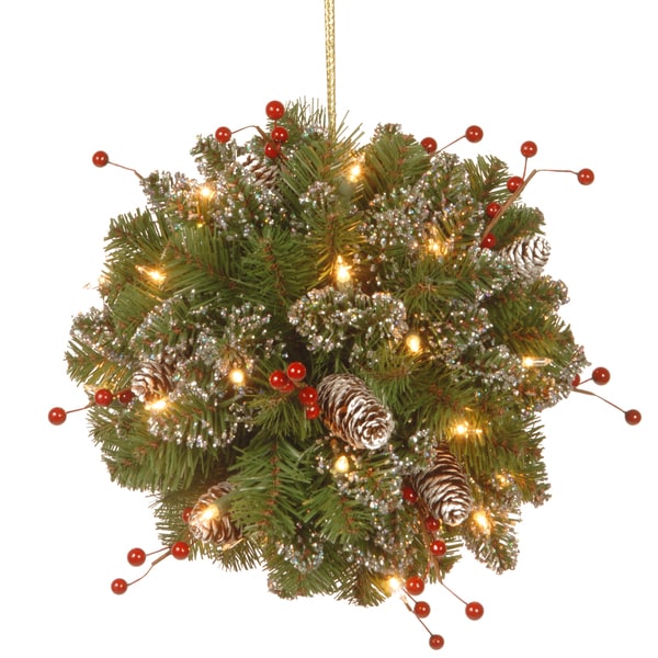 12" Glittery Mountain Spruce Kissing Ball with Battery Operated Warm White LED Lights