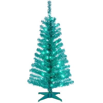 4 ft. Tinsel Tree - Turquoise, with Clear Lights