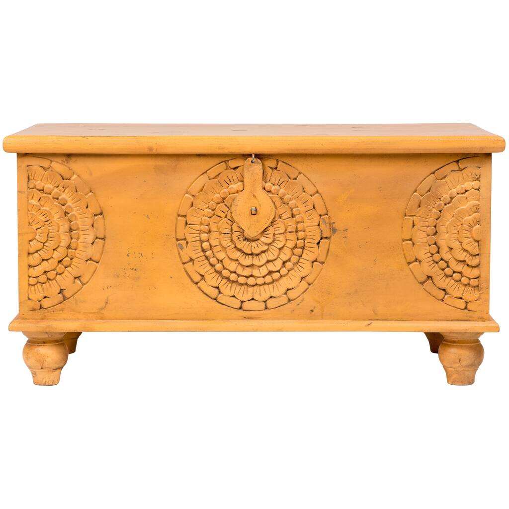 Wanderloot Leela Yellow Handmade Medallion Coffee Table Trunk (India) - 18"H x 18"W x 35"L