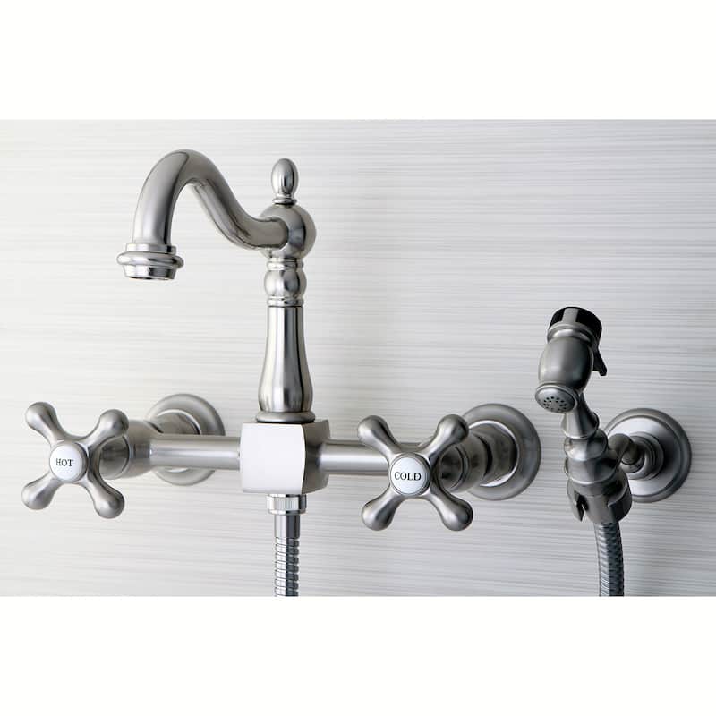Kingston Brass Victorian Wallmount Satin Nickel Kitchen Faucet with Side Sprayer - Solid Cross Handles
