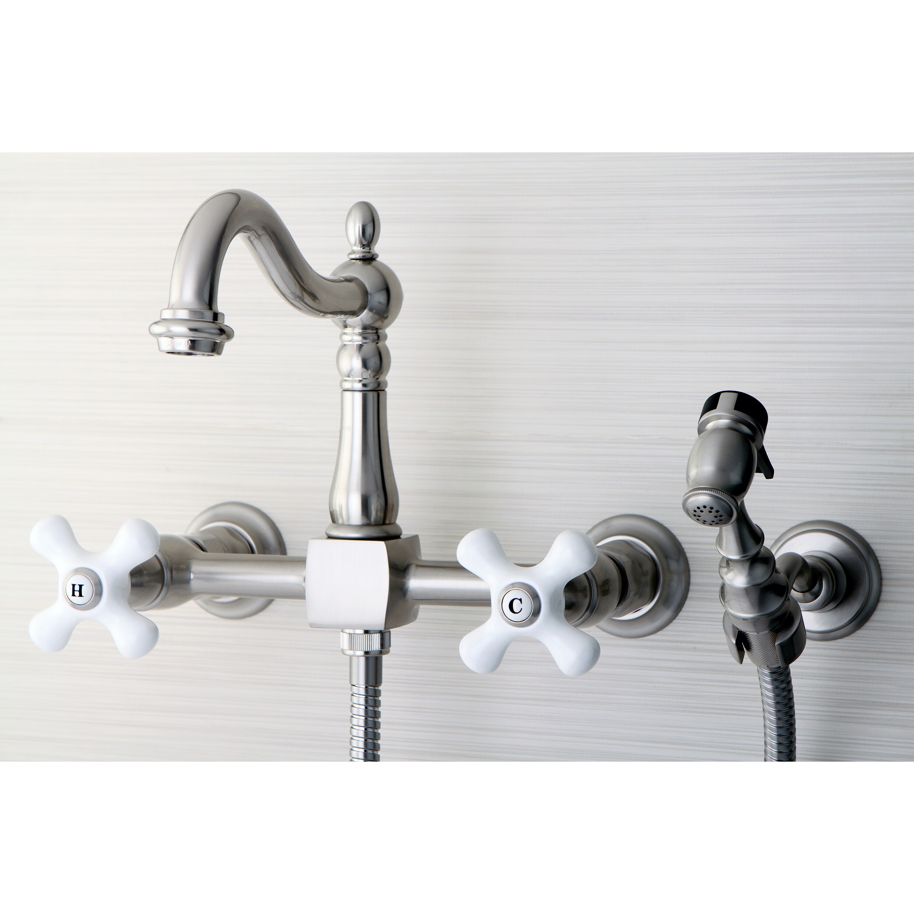 Victorian Wallmount Satin Nickel Kitchen Faucet With Side Sprayer On Sale Overstock 10634875