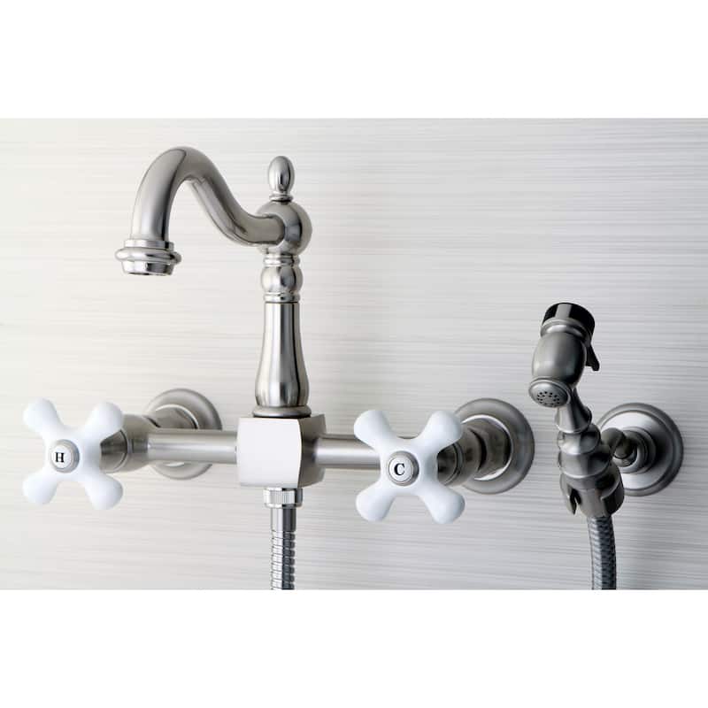 Kingston Brass Victorian Wallmount Satin Nickel Kitchen Faucet with Side Sprayer