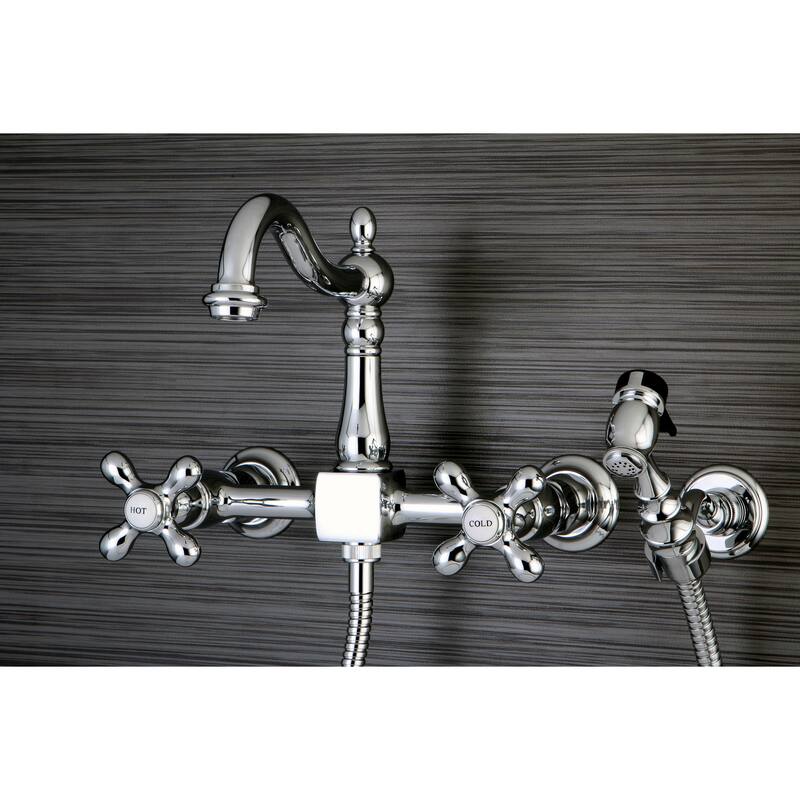 Kingston Brass Victorian Wallmount Chrome Kitchen Faucet with Side Sprayer - Solid Cross Handles