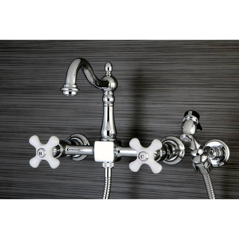 Kingston Brass Victorian Wallmount Chrome Kitchen Faucet with Side Sprayer - Porcelain Cross Handles